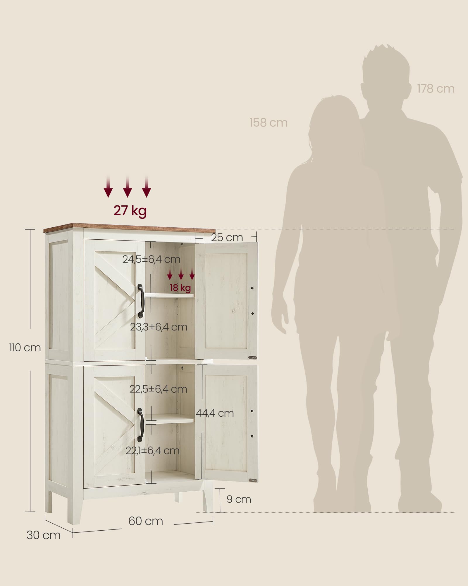 VASAGLE LIRY Collection – Armoire de Rangement avec Portes de Grange, Buffet Haut, Style Ferme, pour Cuisine, Salle de Bain, Salon ou Salle à Manger, Étagères Réglables, Blanc Rustique BBK773W01