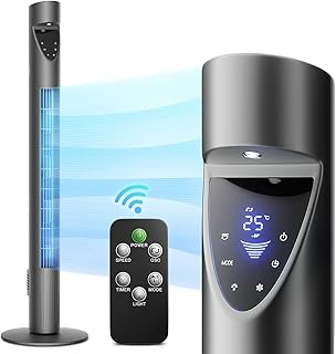 Oscillating Quiet Tower Fan with Remote Control 3 Speeds 12H Timer Portable LED Display 38 Inch Electric Air Circulator Cooling Floor Standing Fan for Home Bedroom Office Living Room Gray