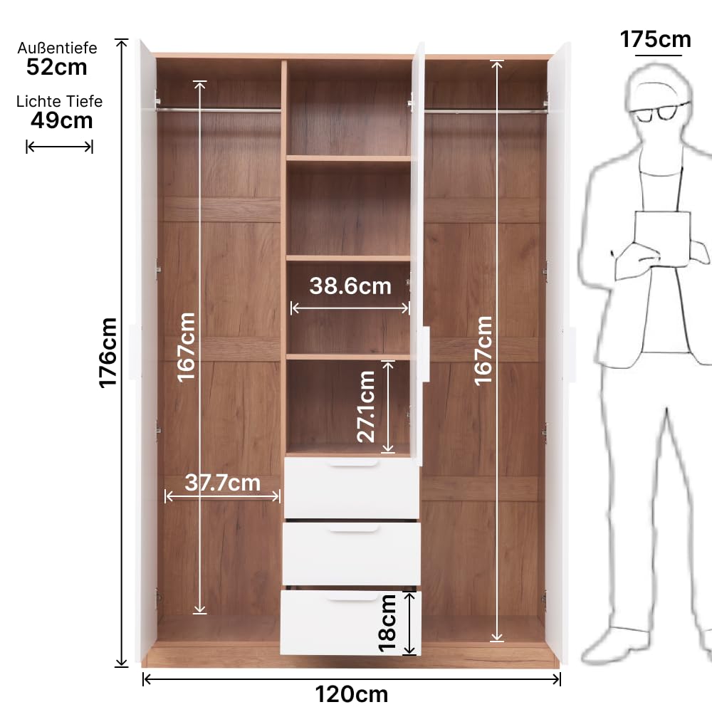 Kleiderschrank 3-türig Weiß & Eiche-Optik Drehtürenschrank | Schlafzimmerschrank Mehrzweckschrank 2 Kleiderstangen 4 Fächer 3 Schubladen 176x120x52 cm Stauraum