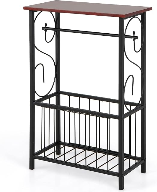 COSTWAY Sofa Side Table, Narrow Nightstand Bedside End Table with Hanging Rack and Storage Basket, Metal Frame Wooden Coffee Tea Table for Living Room Bedroom Balcony