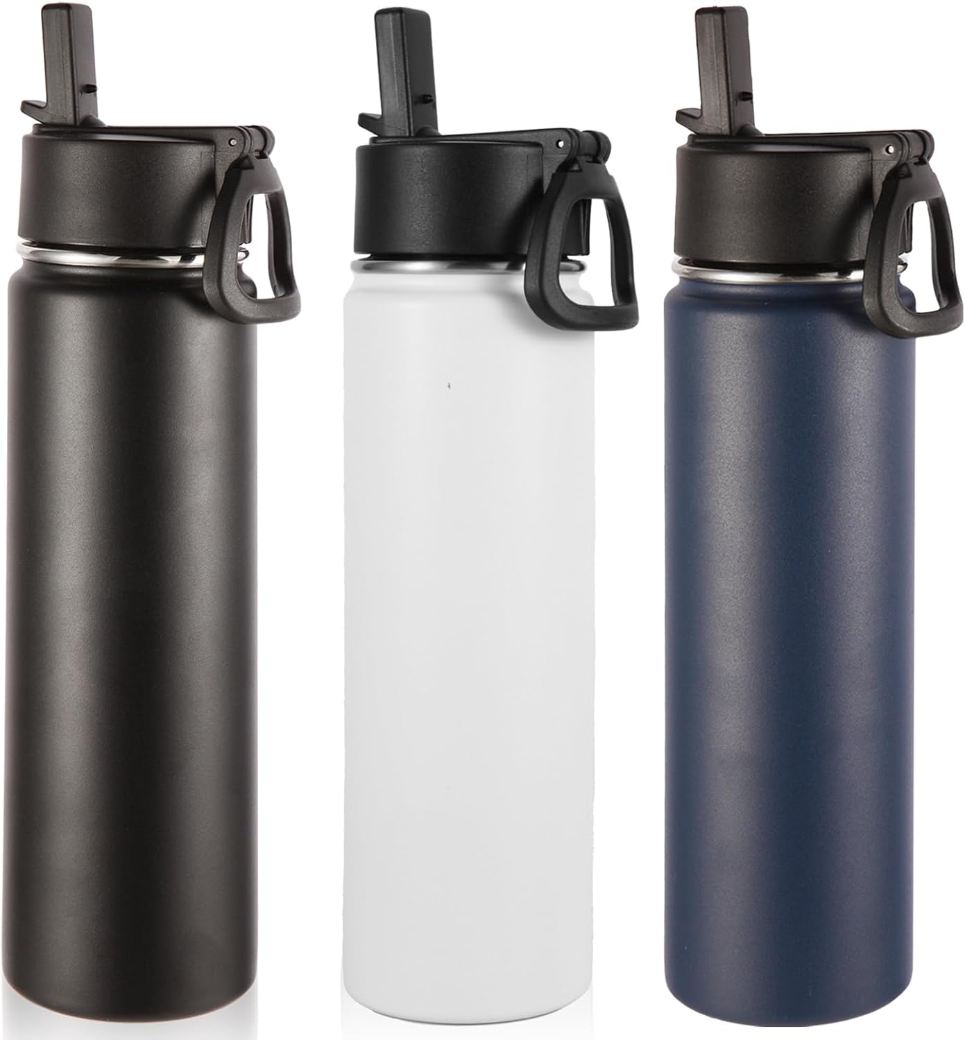 Volhoply 24oz Insulated Water Bottle With Straw Bulk 3 Pack,Metal Wide Mouth Water Bottles With Handle Lid Keep Cold,Reusable Double Wall Cups,Powder Coated Sport Bottle For Holder(Mix,3 Count)