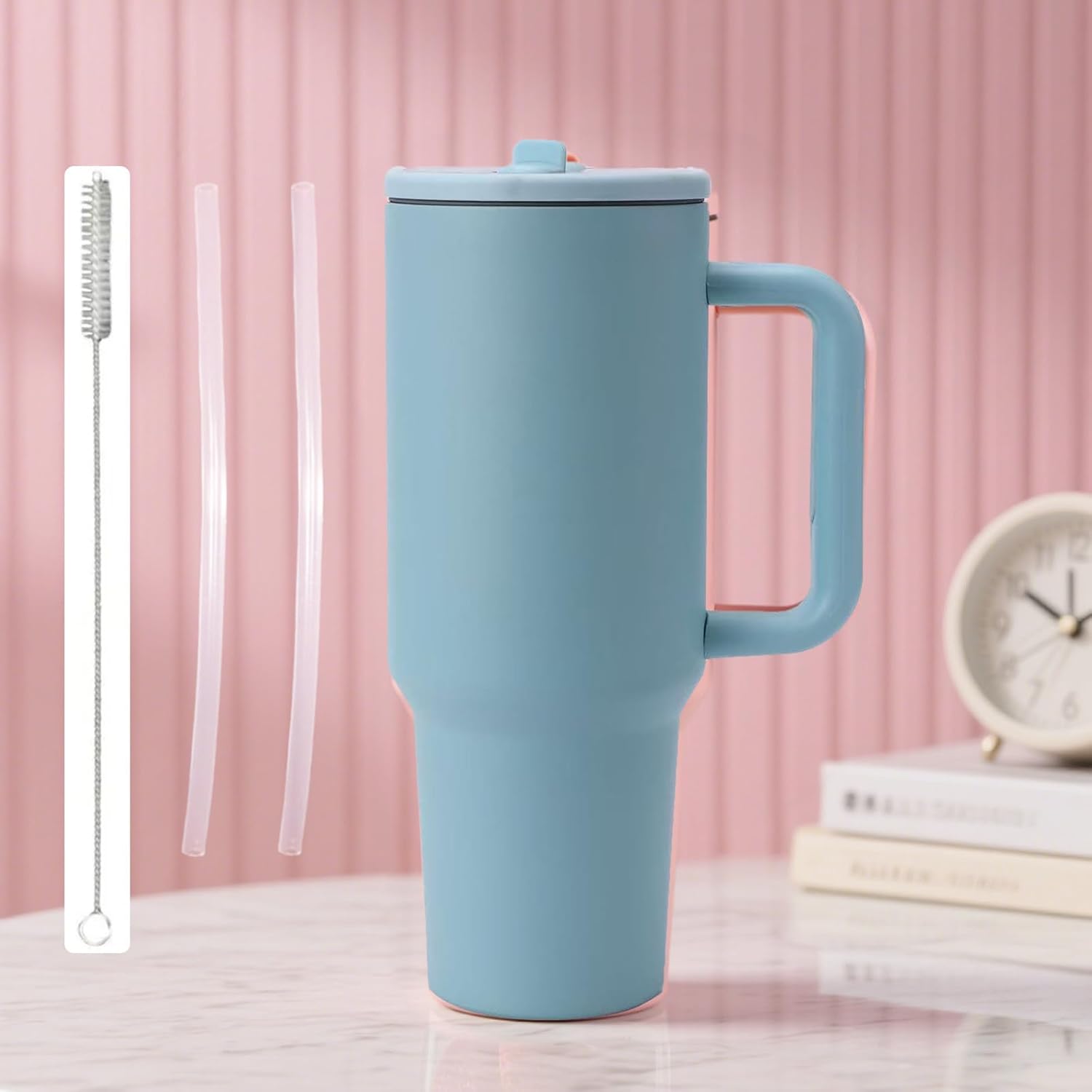 40oz simple design insulated water cup, 3 reusable straws and cleaning brushes | 304 stainless steel, long-term insulation and cold, no water leakage | 4 colors: pink/rose/purple/blue.