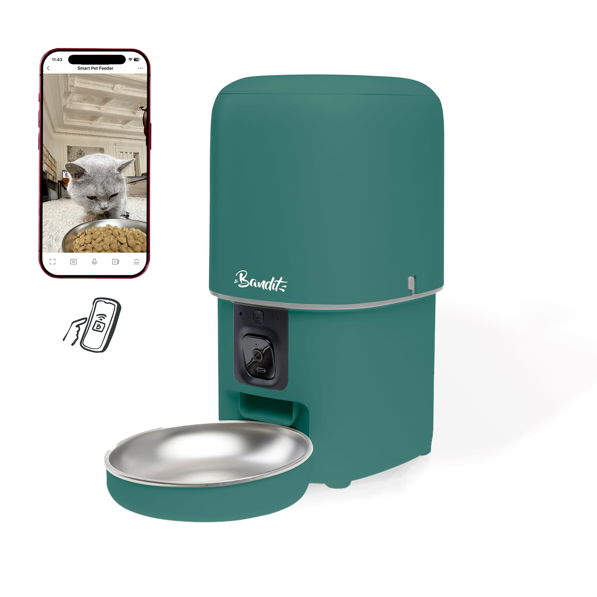 Banddit – Dispensador de croquetas inteligente verde – Seguimiento dietético para gatos y perros pequeños – Programación hasta 15 comidas – Cámara HD & Micro – Depósito hermético 4L | Cámara HD y Micro - Seguimiento Dietético - Para gatos y perros pequeño