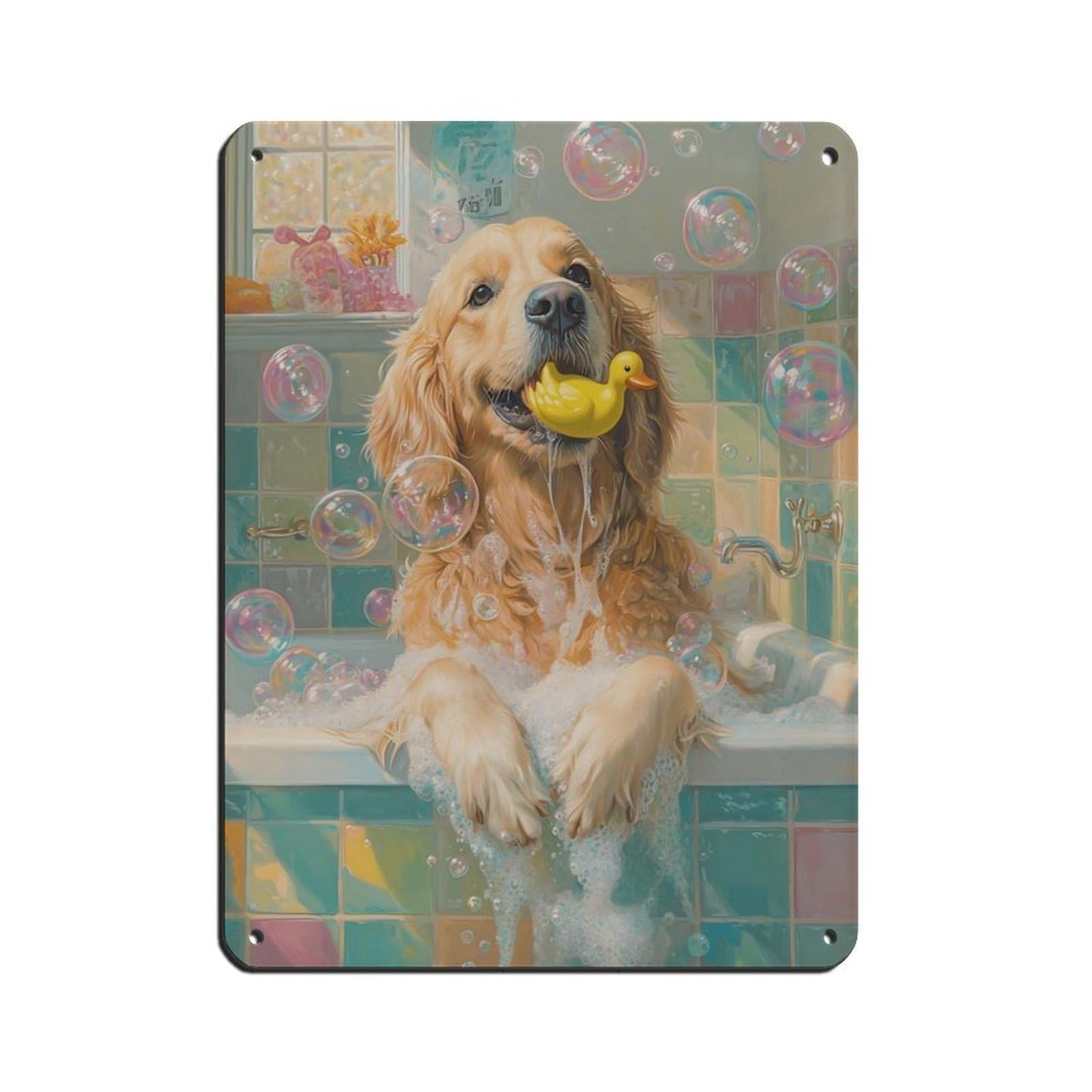 Bubble Bathtub Dog Poster Tin Sign Vintage Metal Pub Club Cafe Bar Home Wall Art Decoration Poster Retro 12x16inch(30x40cm)