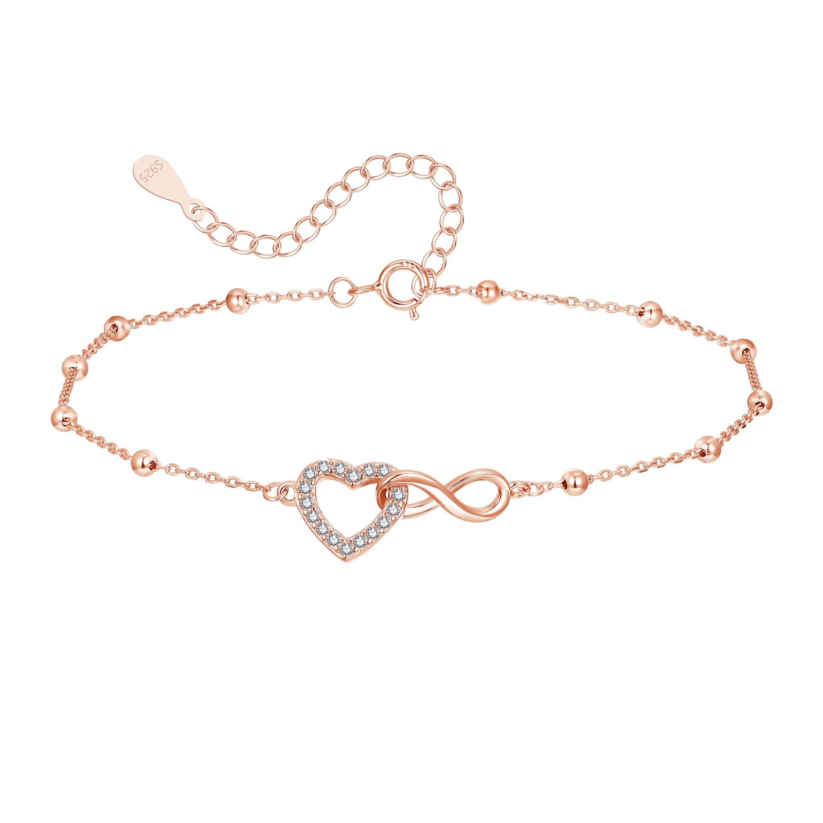 Bracelet de cheville en argent sterling 925 pour femme - Réglable - 22 + 5 cm - Pour l'été - Pieds nus - Double chaîne de cheville - Avec design cœur