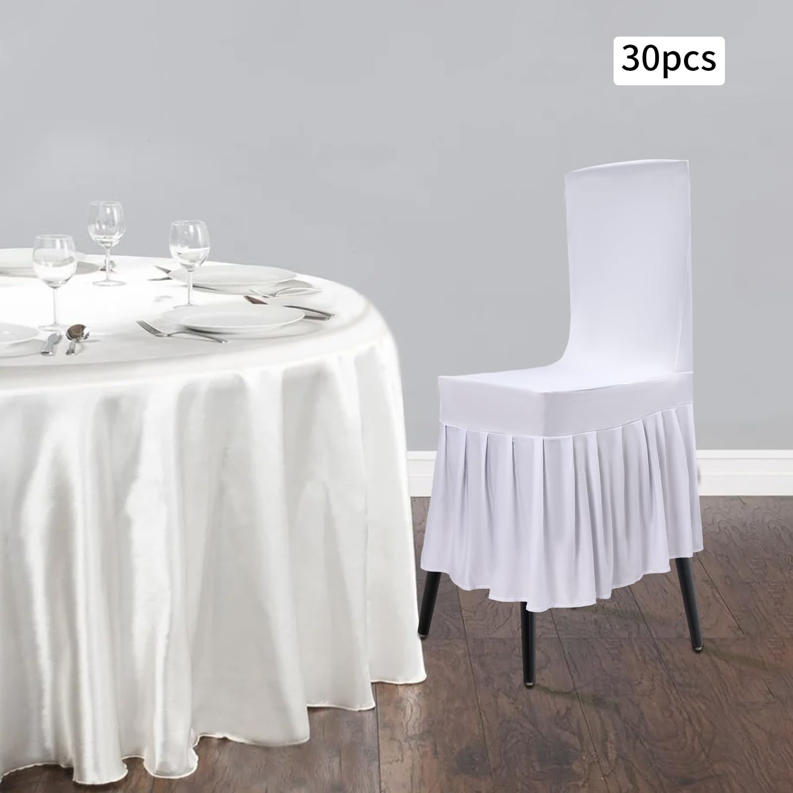 Coprisedia per Sedia con Gonna in Tessuto Elasticizzato 30 Pezzi, Fodera per Sedie da Sposa con Arricciatura, Coprisedie Lavabili per Banchetti, Ricevimenti, Ristoranti e Cerimonie, Bianco