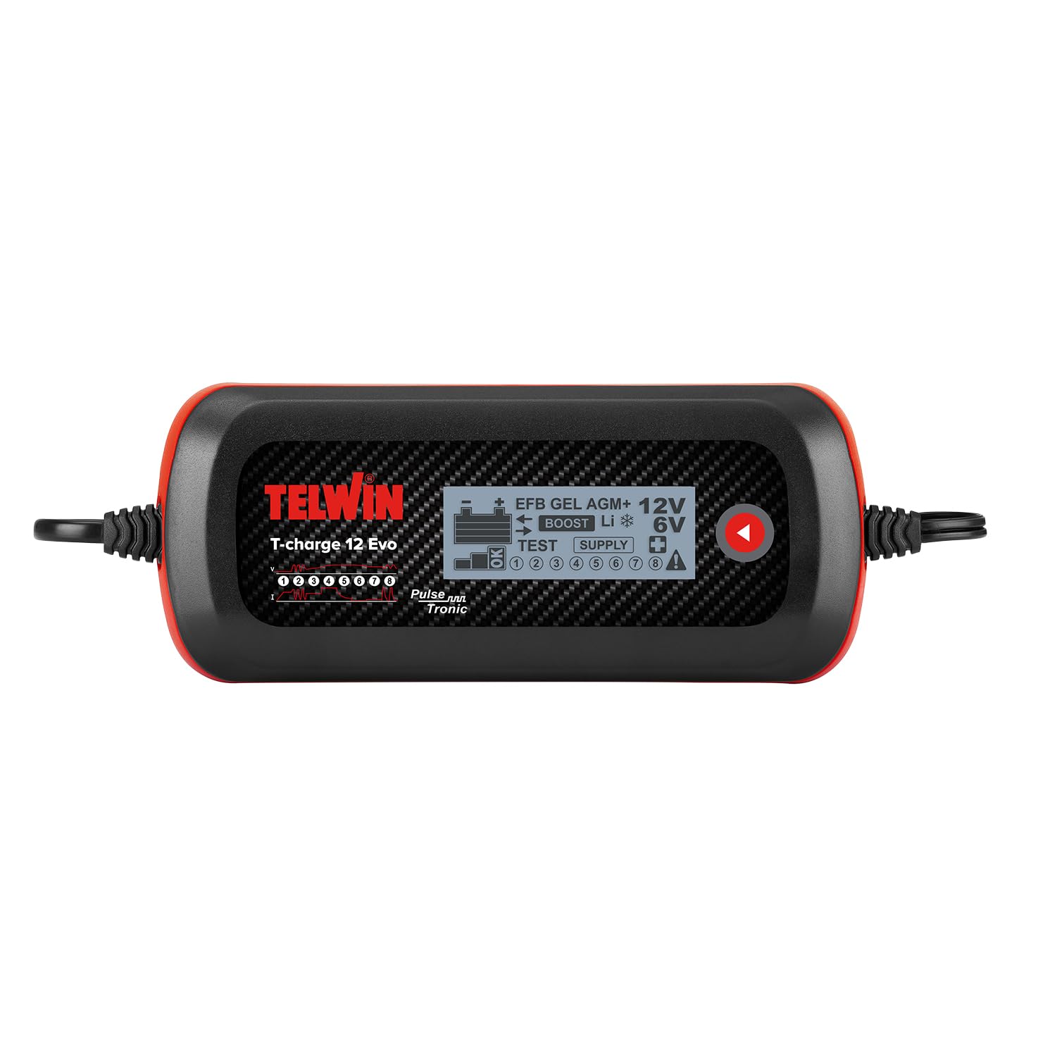 Telwin T-Charge 12 EVO: Caricabatterie, Mantenitore di Carica Elettronico e Tester Multifunzione 6/12V con Schermo LCD, per tutti tipi di batterie di Veicoli, Auto, Moto. IP65. Cavi inclusi.
