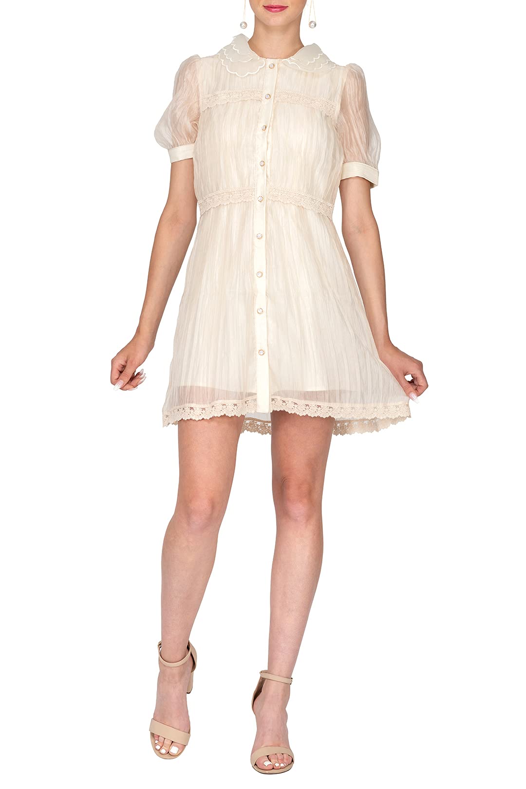 Vicky and Lucas Ivory Color Button Down Tulle A-line Mini Dress- Tulle Fabric - Embroidered-Shirt Co