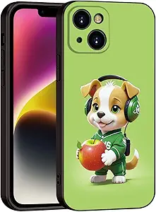 Charming Cartoon Dog for iPhone 13 Case - Playful Pup in Green Headphones & Sporty Outfit Holding Apple | Trendy Slim Protection for Girls & Women & Teens (B1-Cartoon Cute Dog)