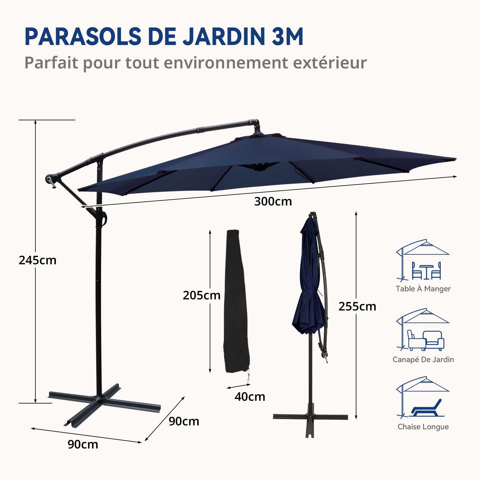 YU YUSING Parasol Déporté Inclinable 3x3M avec Manivelle, Pied Housse, Anti-UV UPF50+, Grand Parasol de Jardin Balcon Terrasse Patio, Inclinable, Imperméable, 8 Armatures Ultra-Résistantes