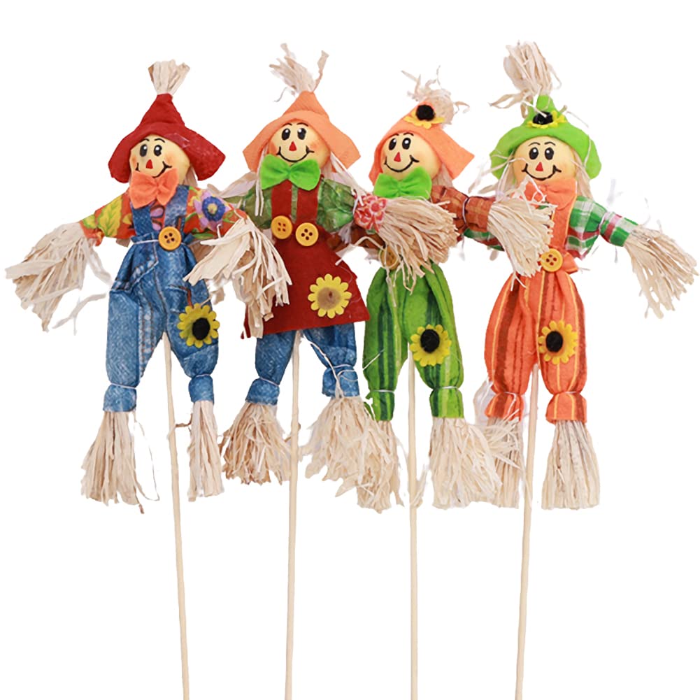CHENGLI 4PCS Fall Scarecrows, Halloween Harvest Scarecrow with Bamboo Stick, Mini Scarecrow Garden Decoration Halloween for Autumn Thanksgiving Party Home Outdoors