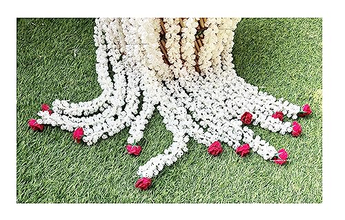 SPHINX Artificial Jasmine Buds (Mogra) & Rose Strings Garlands for Festivals Pooja Wedding Housewarming Diwali Decorations Approx 2.5 ft/30 Inches (Off White/creamish) - (Dark Pink/Rani, 2 Pieces)