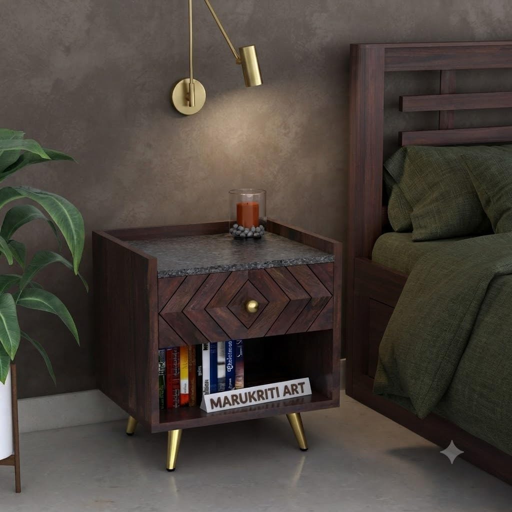 Sheesham Wood Wave Bedside Table with Granite Top for Bedroom End Table with 1 Drawer and 1 Shelf Storage for Home (Walnut Finish) 1 Year Warranty-image-48