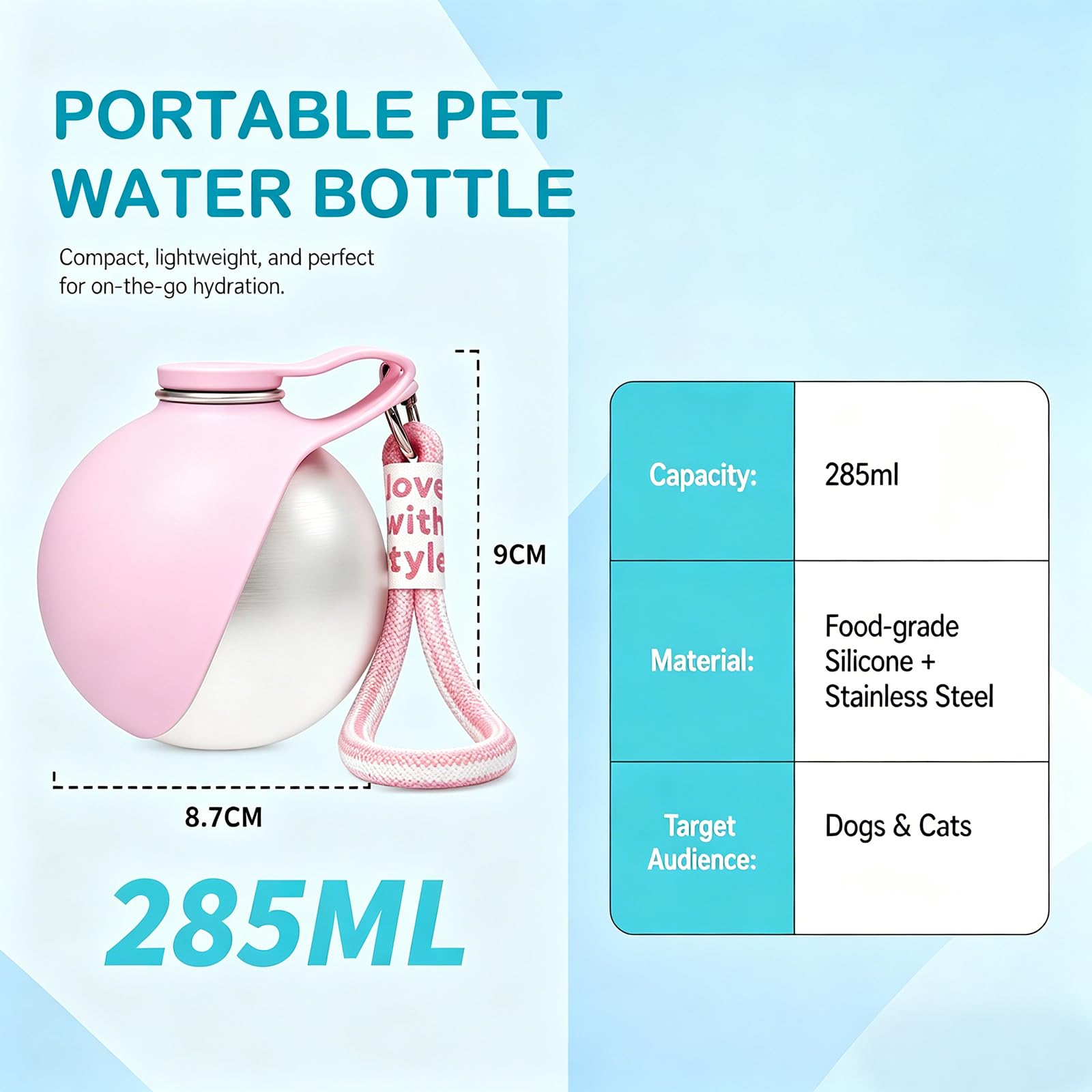 Butelka na napoje dla psów, na podróż, dla kotów, psów, ze stali nierdzewnej, 285 ml, szczelna, ze składaną silikonową miską, na spacery, wędrówki i podróże (różowa)