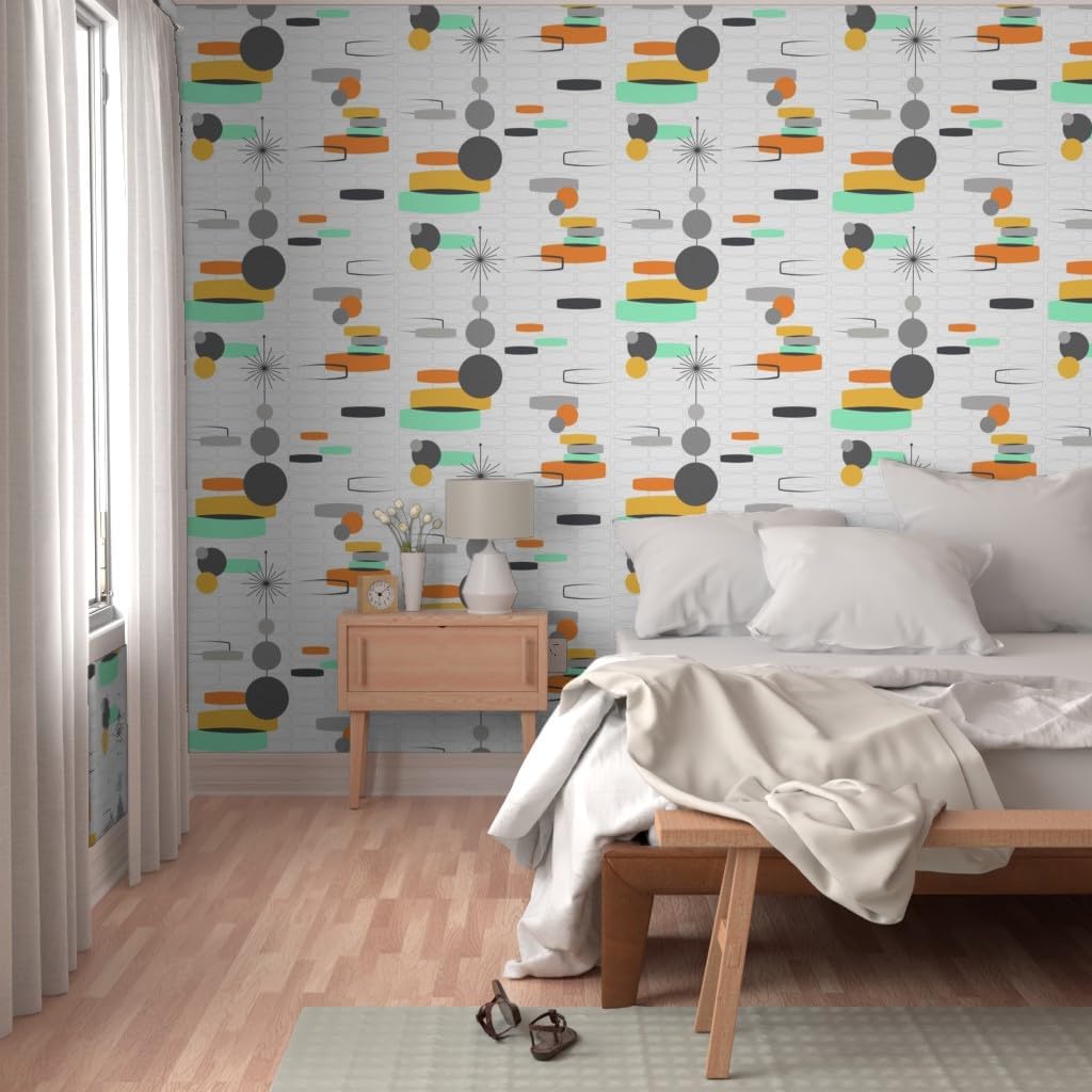 Removable Wallpaper 3ft x 2ft - Retro Modern 50S Atomic 60S Vintage Inspired White Orange Gold Mint Sea Custom Pre-Pasted Wallpaper by Spoonflower