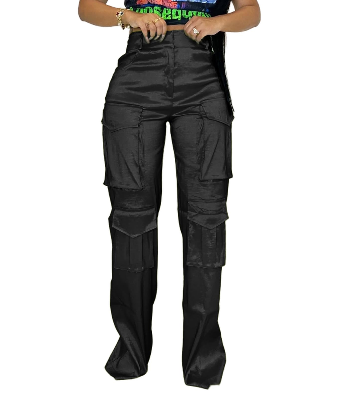 Angsuttc Black Cargo Pants Women Satin High Rise Trousers Combat Pants with Pockets M