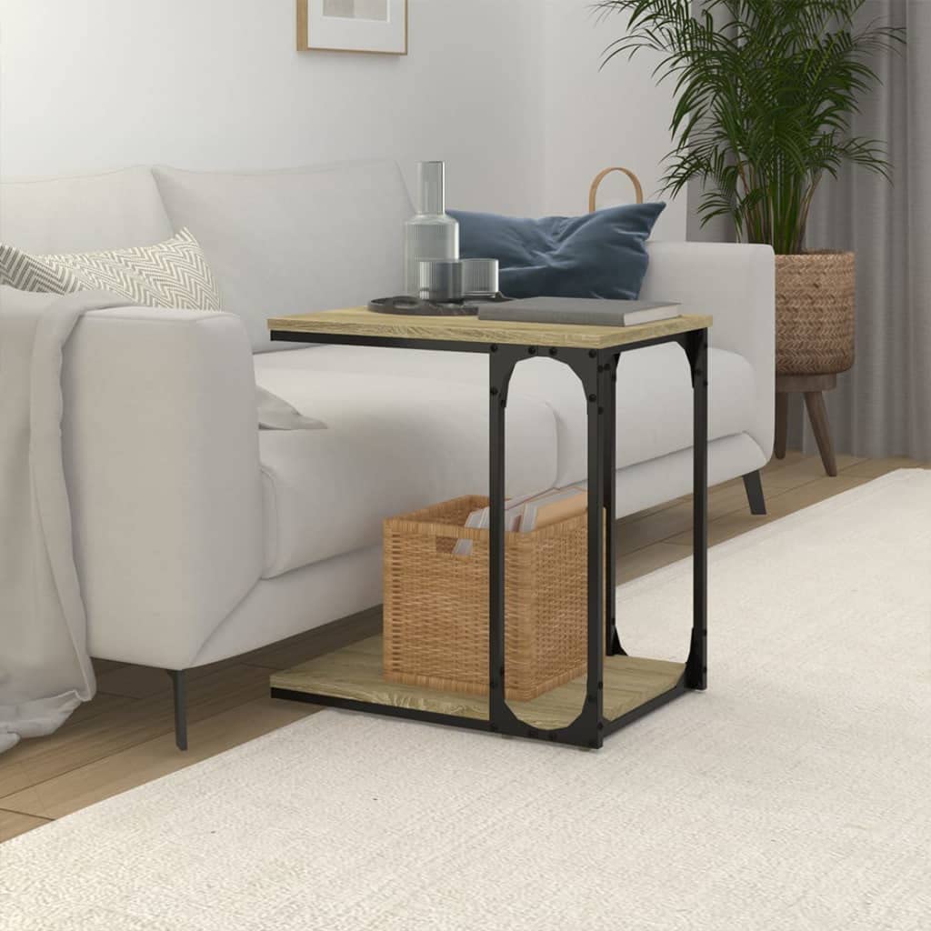 Mesa auxiliar de roble Sonoma, 50 x 35 x 52 cm, mesa de centro en forma de C, ahorra espacio, mesa de sofá de diseño industrial con estructura de metal y estante para salón