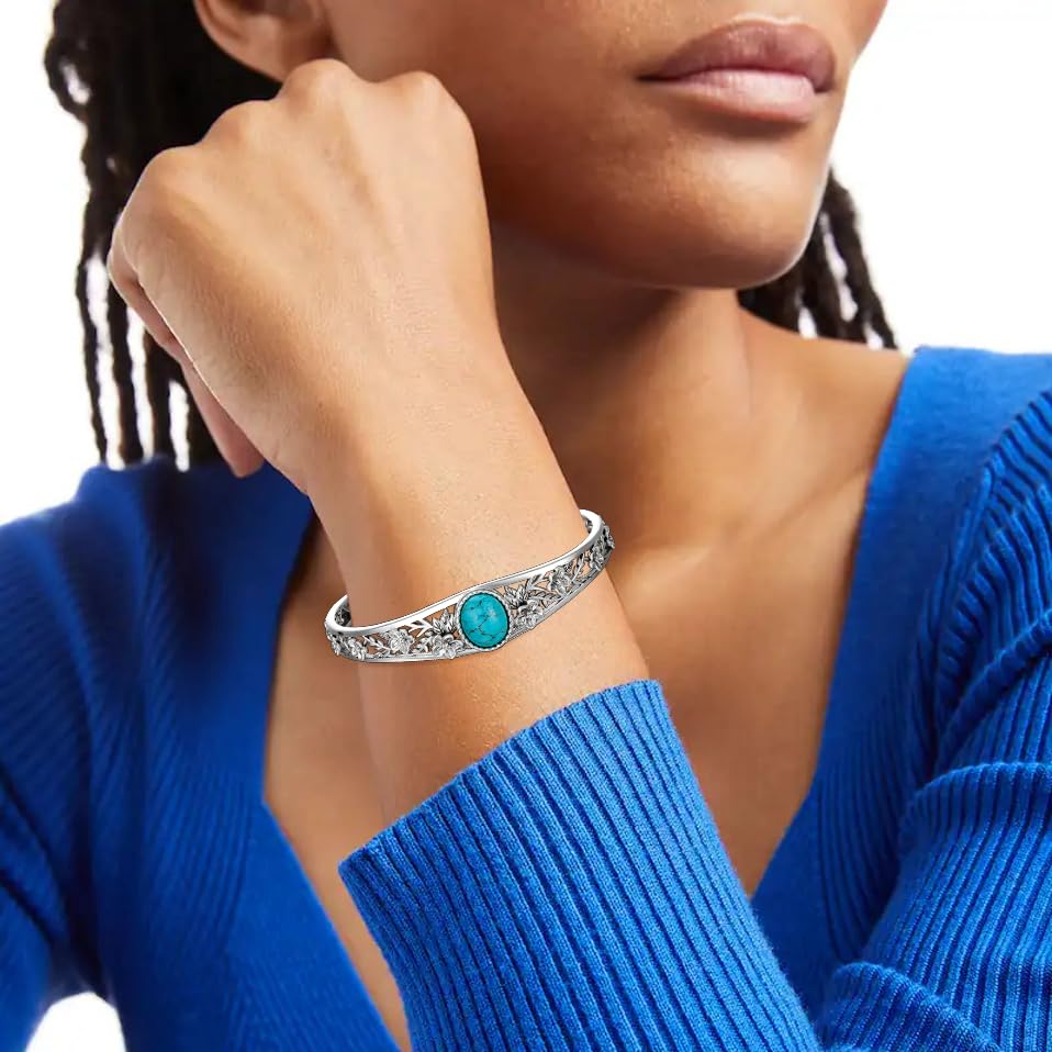Genuine Turquoise Vintage Flower Bracelet Bangle, Sterling