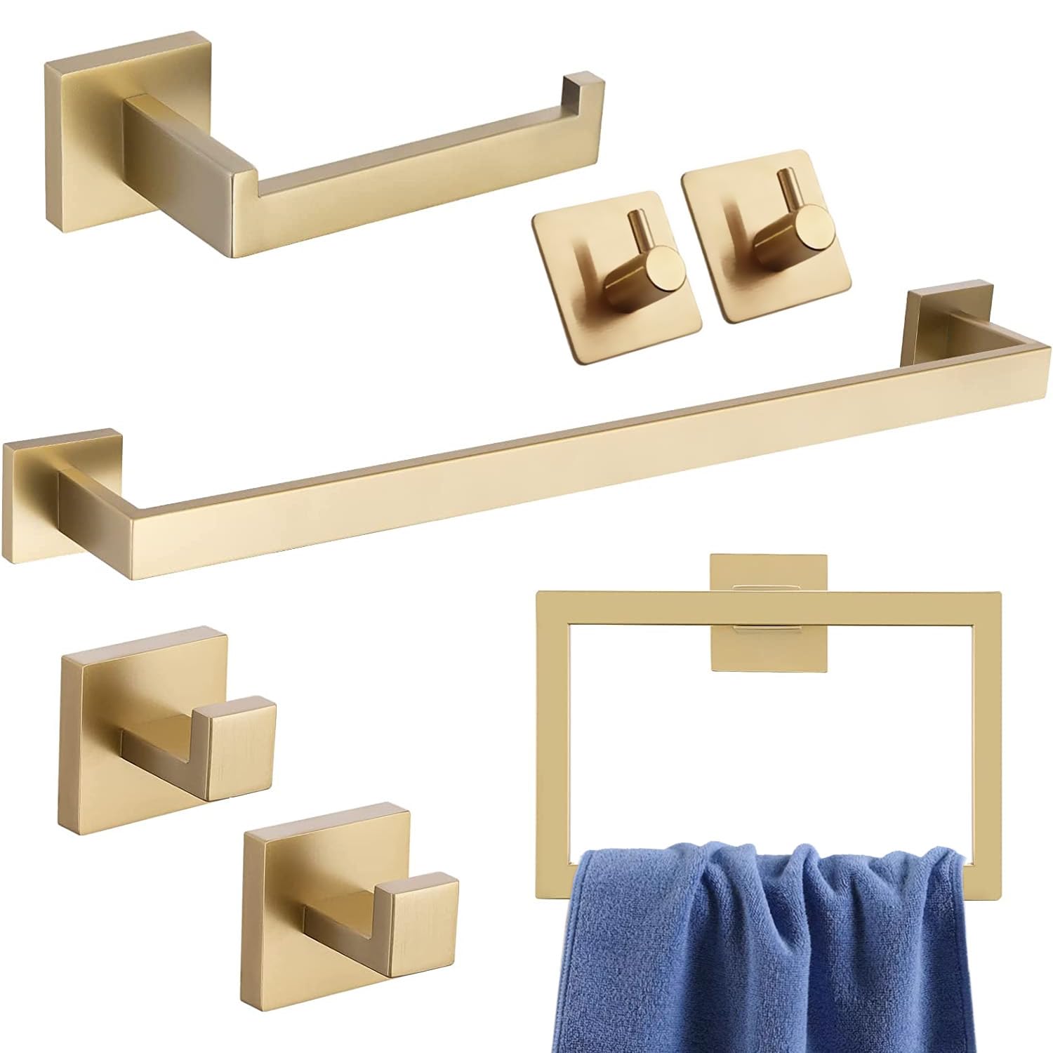 HalyCare Gold Bathroom Hardware Accessories 7 Pieces Gold Square Towel Bar,Stainless Steel Bathroom Towel Rack Set Wall Mounted,23.6