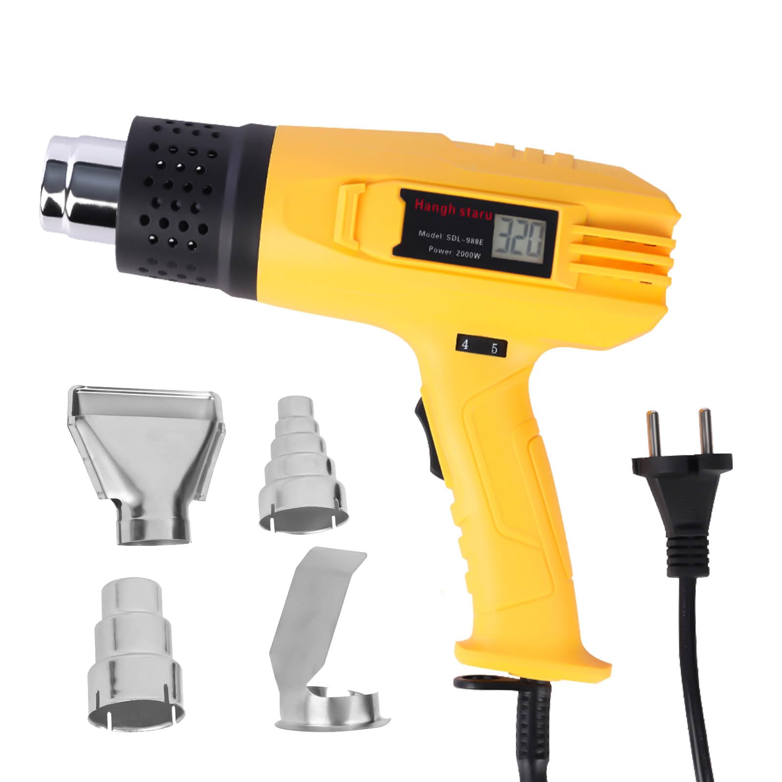 Kit Pistola ad Aria Calda Digital 2000W, Temp. Variabile 140℉-1112℉ (60-600℃), Elemento Calefattore in Ceramica, 4 Ugelli, Protezione Surriscaldamento, Riscaldamento/Riparazione/Ristringimento