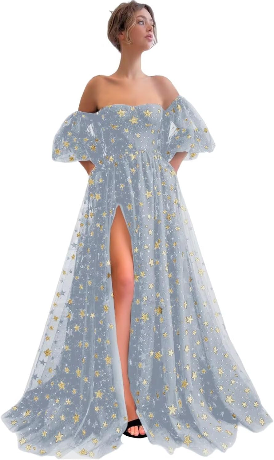 Eightale Off Shoulder Sparkly Tulle Long Prom Dress A Line for Women Formal Evening Dress