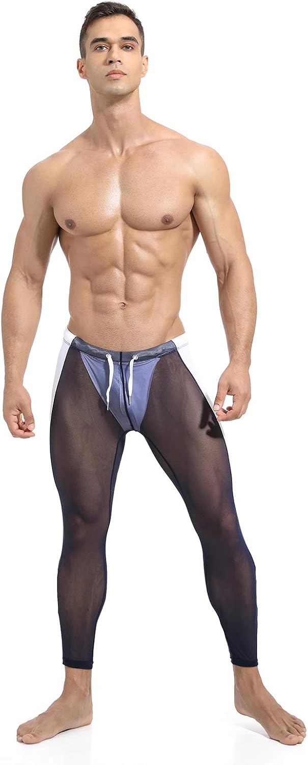 Mufeng Mens Gym Running Leggings See-Through Thermal Sport Tights Compression Pants Drawstring Side Patchwork Trousers
