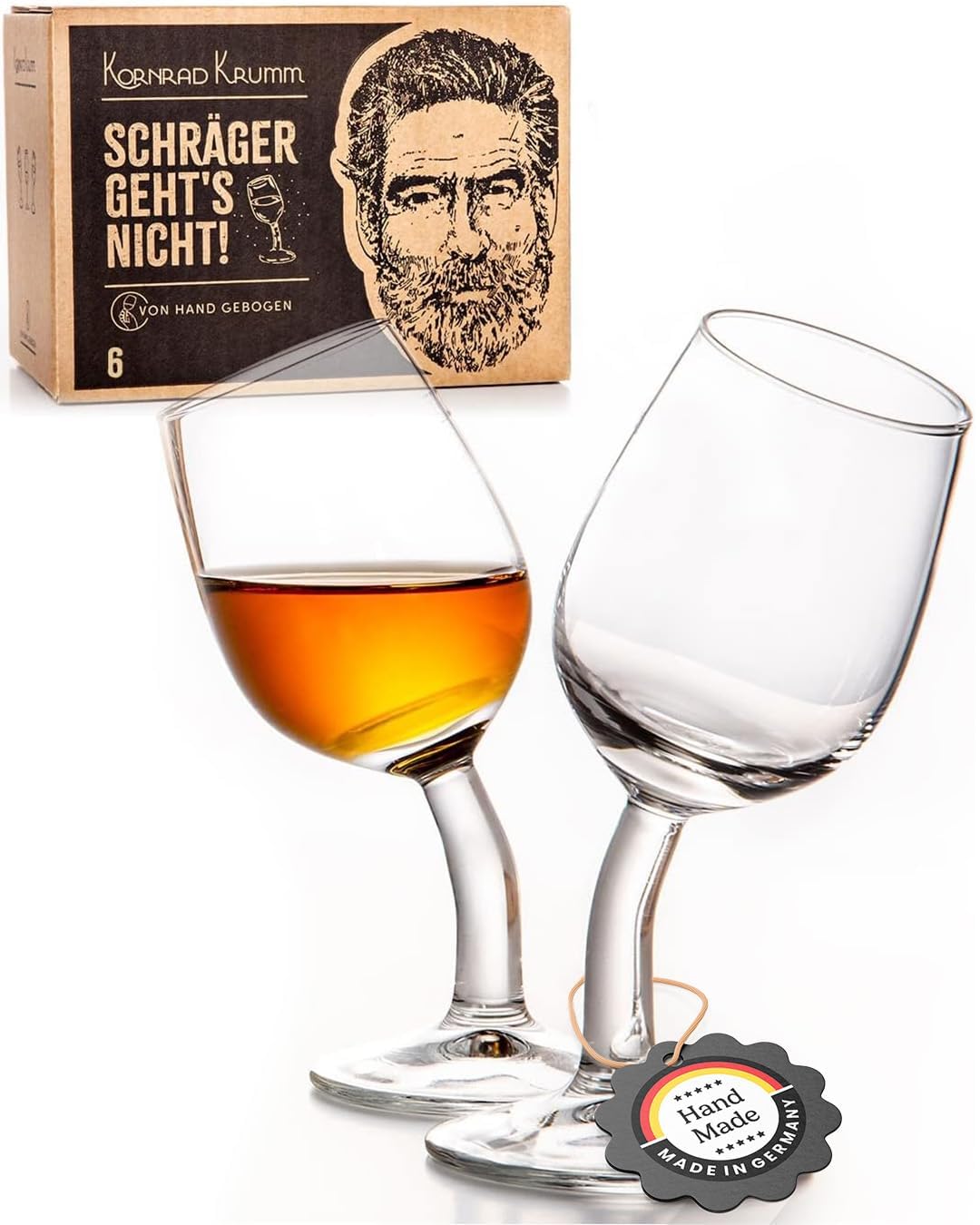 Kornrad Krumm | Schnapsgläser-Set mit Stiel (6 Stück), 4cl, Handgebogen in DE | Lustige Shot-Gläser für Männer & Frauen | witzige Geschenk-Idee für Weihnachten, Geburtstag, Hochzeit