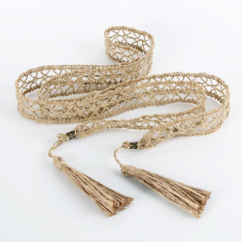 Retro cotton and linen woven waistband for women, Bohemian hollow tassel waist chain decorative skirt belt3