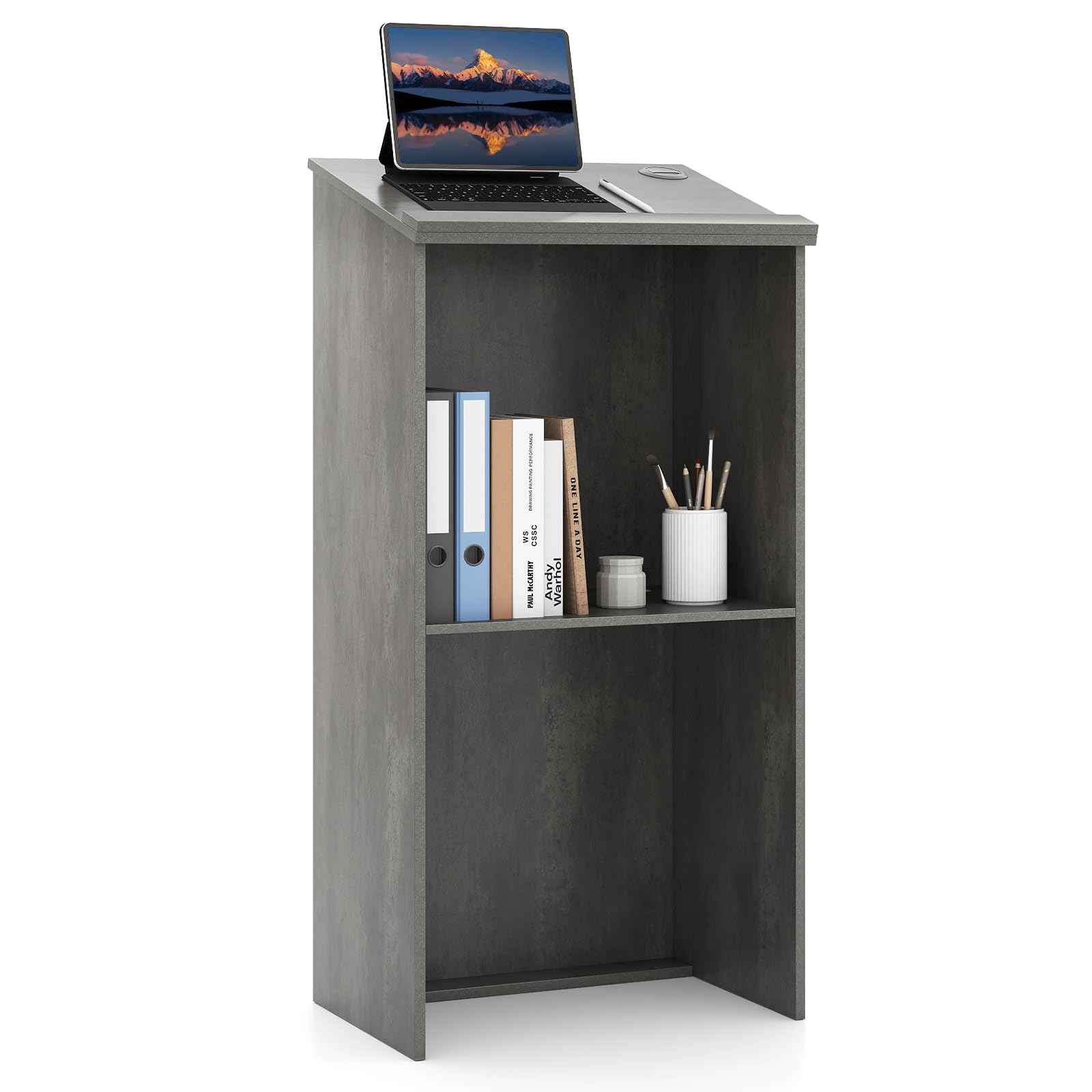 COSTWAY Stehpult, Rednerpult mit Ablagefläche und Kabeldurchführungen, Stehtisch für Klassenzimmer, Kirche, Büro, Restaurant, Seminar (Grau)