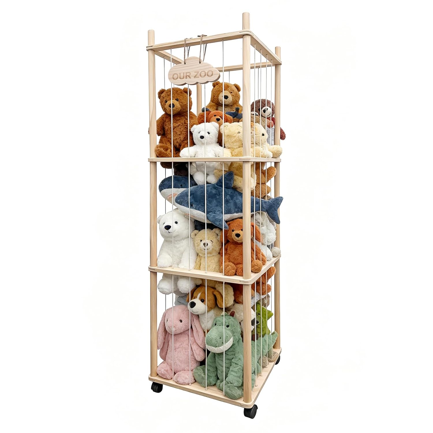 Stuffed Animal Storage, 53.9 Inch Wooden Large Stuffed Animal Zoo Organizers with Wheels, Stuffy Plushies Storage Holder with Elastic Band&Solid Base, Plushies Storage for Playroom Bedroom Nursery