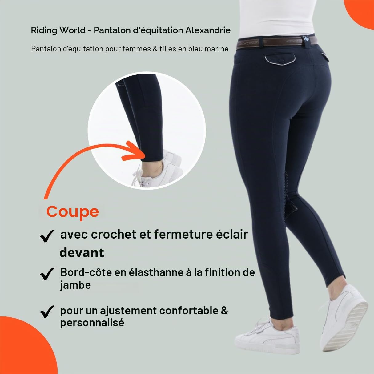 RIDING WORLD Pantalon d'équitation pour fille et garçon Alexandrie | Pantalon d'équitation avec genouillères en tissu | avec poches avant | Legging d'équitation bleu marine | Vêtements d'équitation