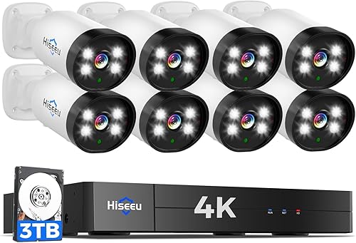 Hiseeu Sistema de cámara de seguridad con cable 4K con audio, visión nocturna a color inteligente, disco duro de 3 TB, detección de humanos y