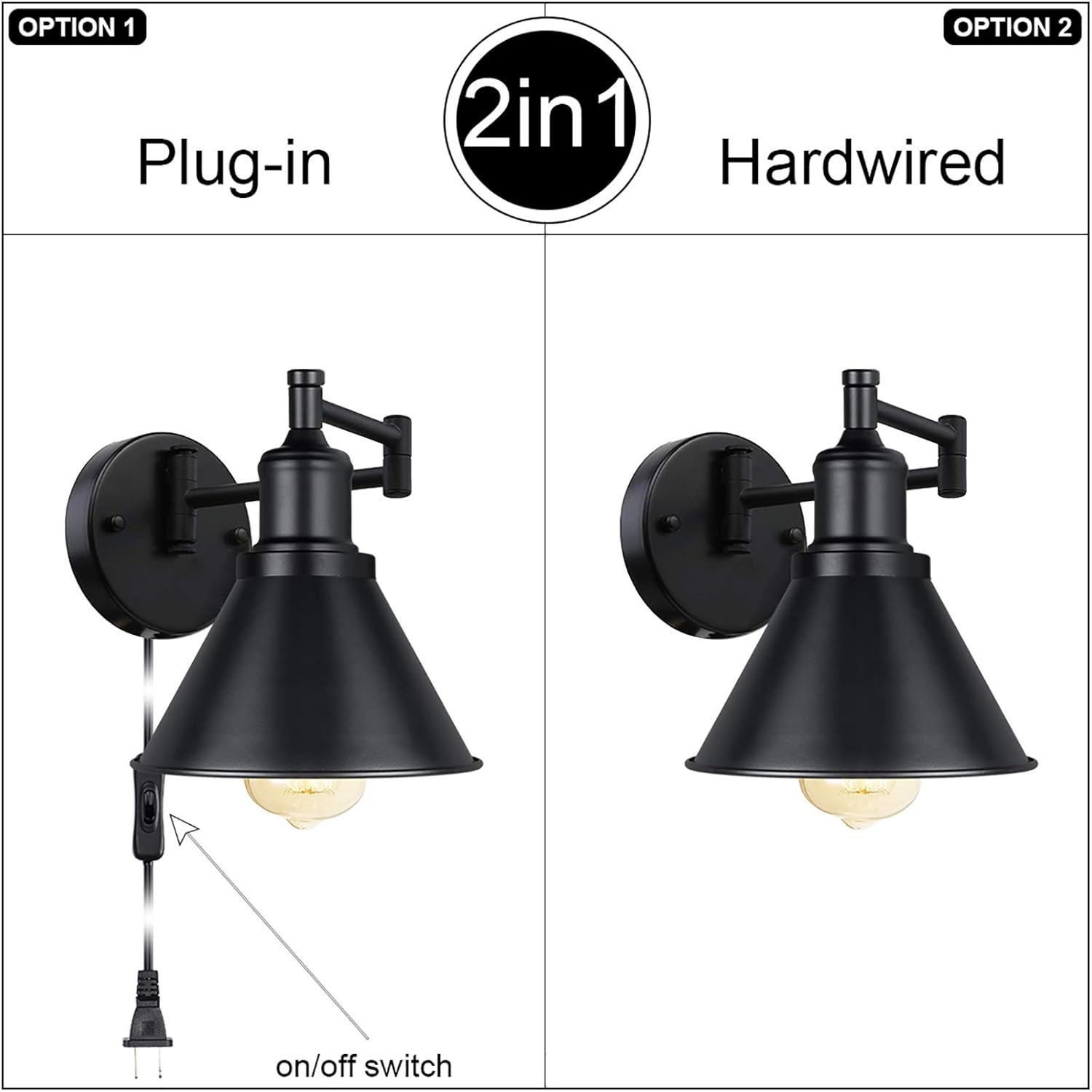 Black Industrial Swing Arm Wall Sconce with Plug-In Option
