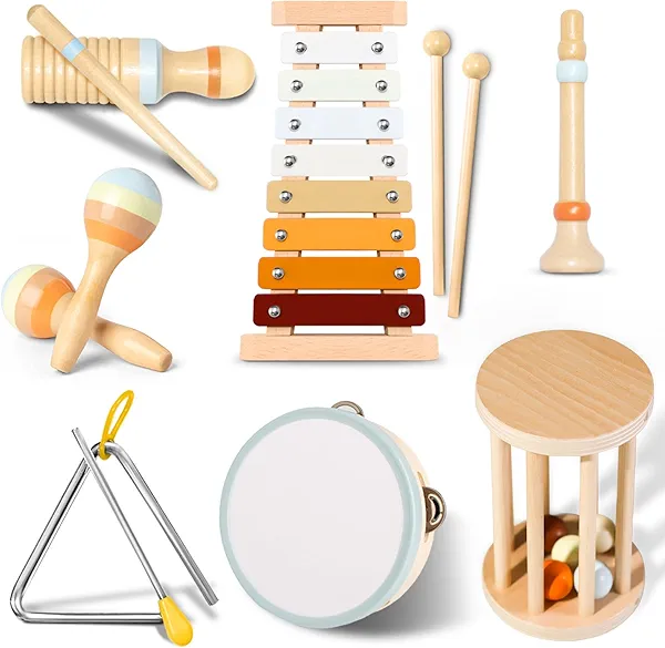 Baby Musical Instruments-Neutral Colors Musical Toys for Toddlers 1-3,Montessori Wooden Percussion Instruments Set with Modern Boho Xylophone Tambourine,Kids Preschool Educational 3+ Birthday Gifts