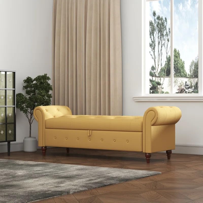 Image of LEGACY OF COMFORT F4 Velvet Upholstered Storage Bench Sofa Bench Sofa couches Rolled Arm Window Bench Ottoman Bench 2 Seater Sofa Chaise Lounger or Living Room Bedroom Office (Yellow Velvet)