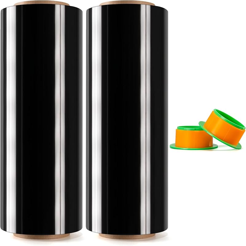 2 rollos de película elástica negra de 12" x 1000 pies x calibre 80, película resistente | Envoltura elástica negra resistente con soporte para embalaje y mudanza. Calibre 80 duradero, autoadhesivo, opaco para privacidad.