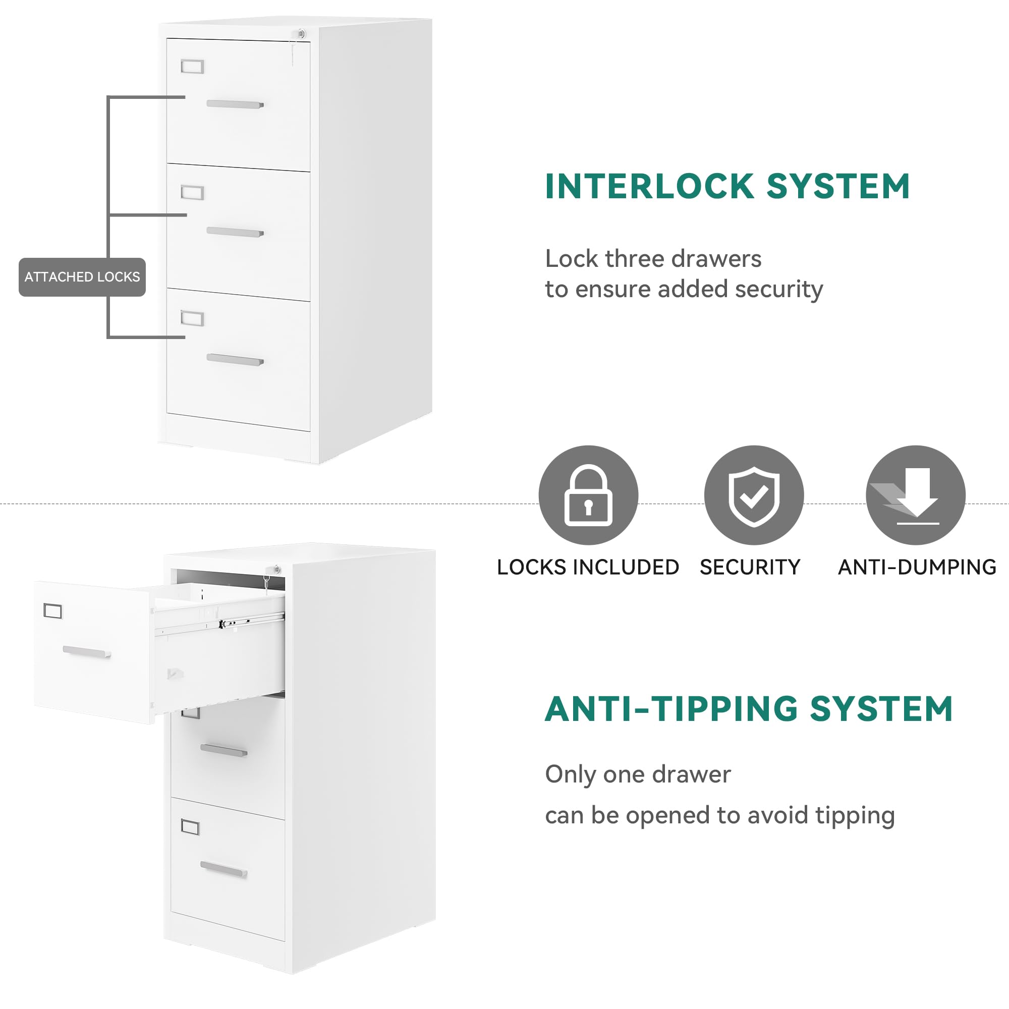 YITAHOME Aktenschrank Abschließbar mit 3 Schubladen, Metall Aktenschränke mit Cue-Karte für A4, Legal, Letter, Büroschrank Metallschrank für Home-Office, Hängeregistratur, Weiß, 62 x 45 x 102cm