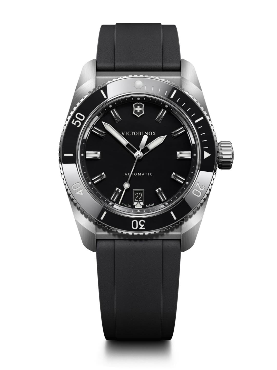 maverick swiss made men's watch, automatic, black dial, 39 mm, silver stainless steel case, black ceramic bezel, rubber strap, 242104