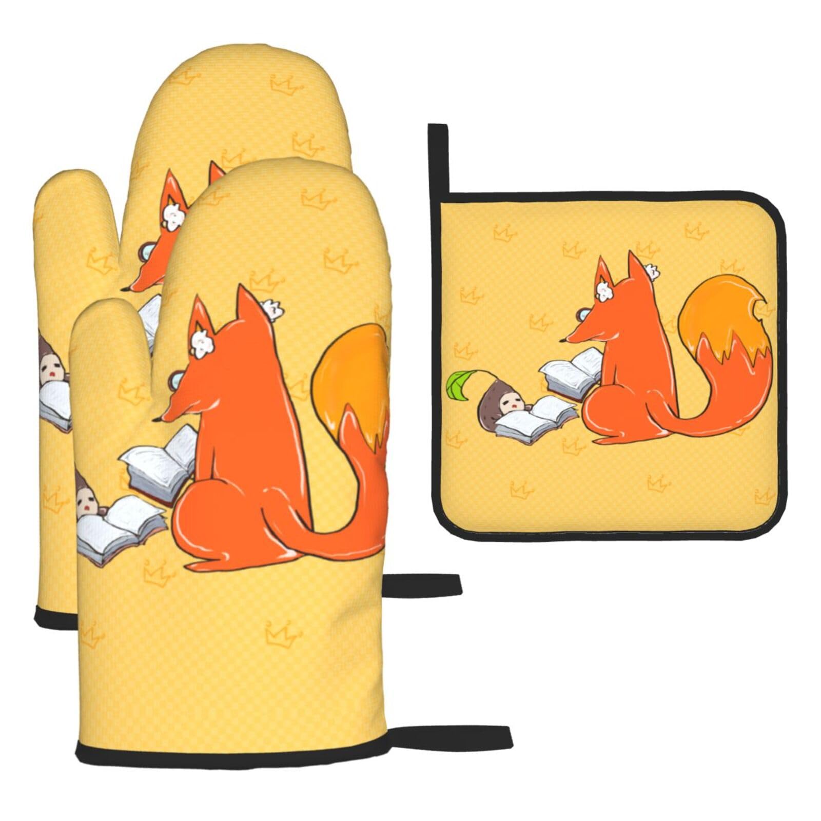 Sunflower seeds and foxes Oven mittens and oven mitts three-piece set suitable for oven, grilling, baking, microwave and home cooking.