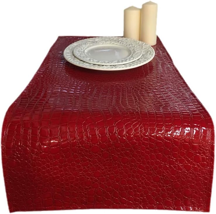 LUVFABRICS Crocodile Texture Shiny Vinyl Table Runner, Table Cover, Table Linen, Home Decor, Dinning Table Decor, 12 inches by 108 inches (RED)