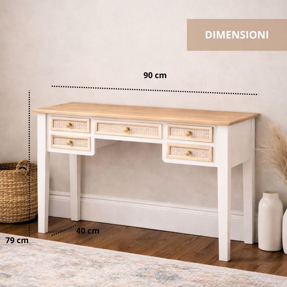 Scrivania Bianca in Legno 90x40x79 cm con 5 Cassetti, Scrittoio Elegante Stile Shabby Charm per Studio, Camera e Cucina