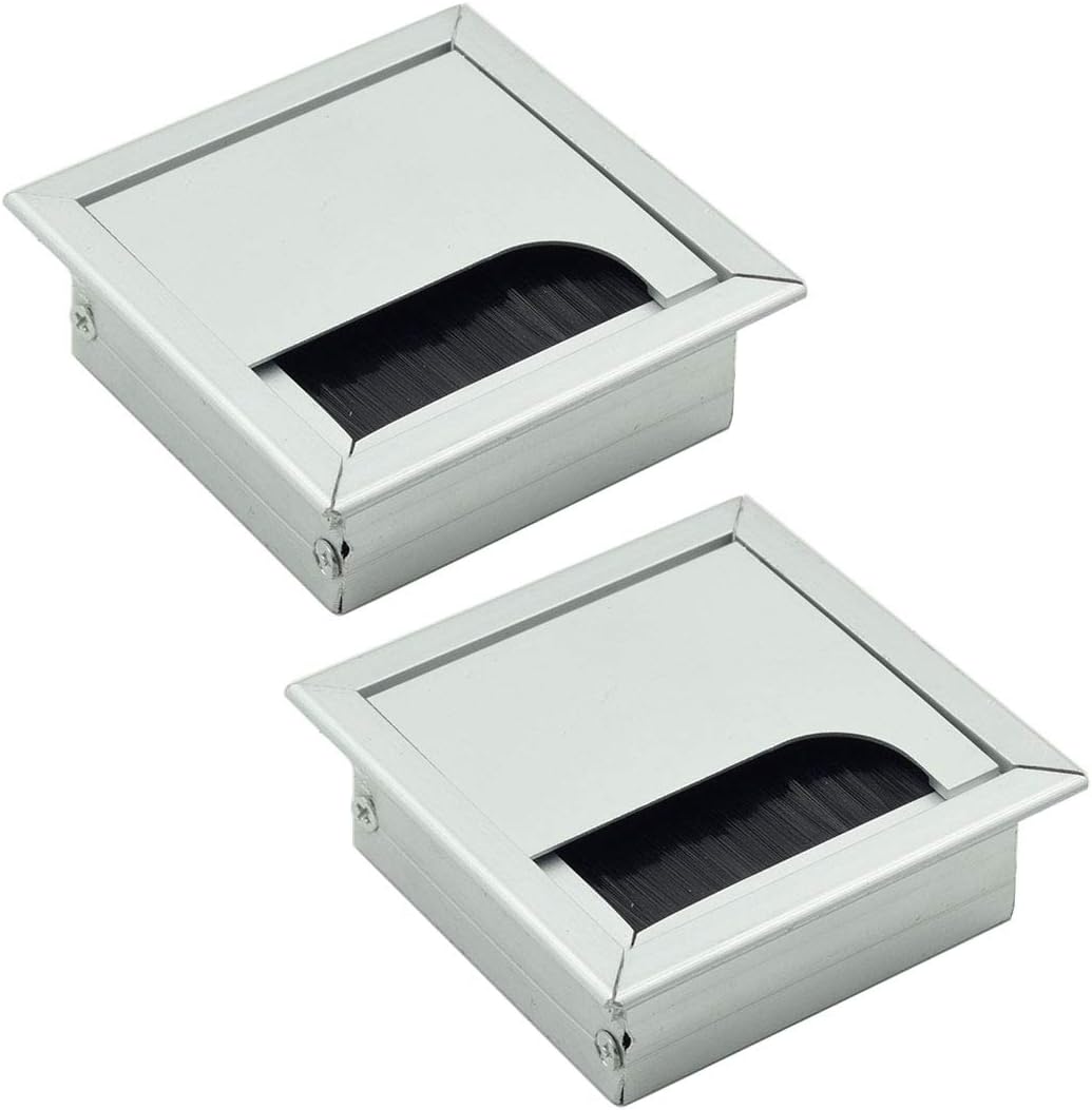 Square Cable Grommet Metal Wire Hole Cover for Computer Desk Table Silver 80mm x 80mm - Pack of 2