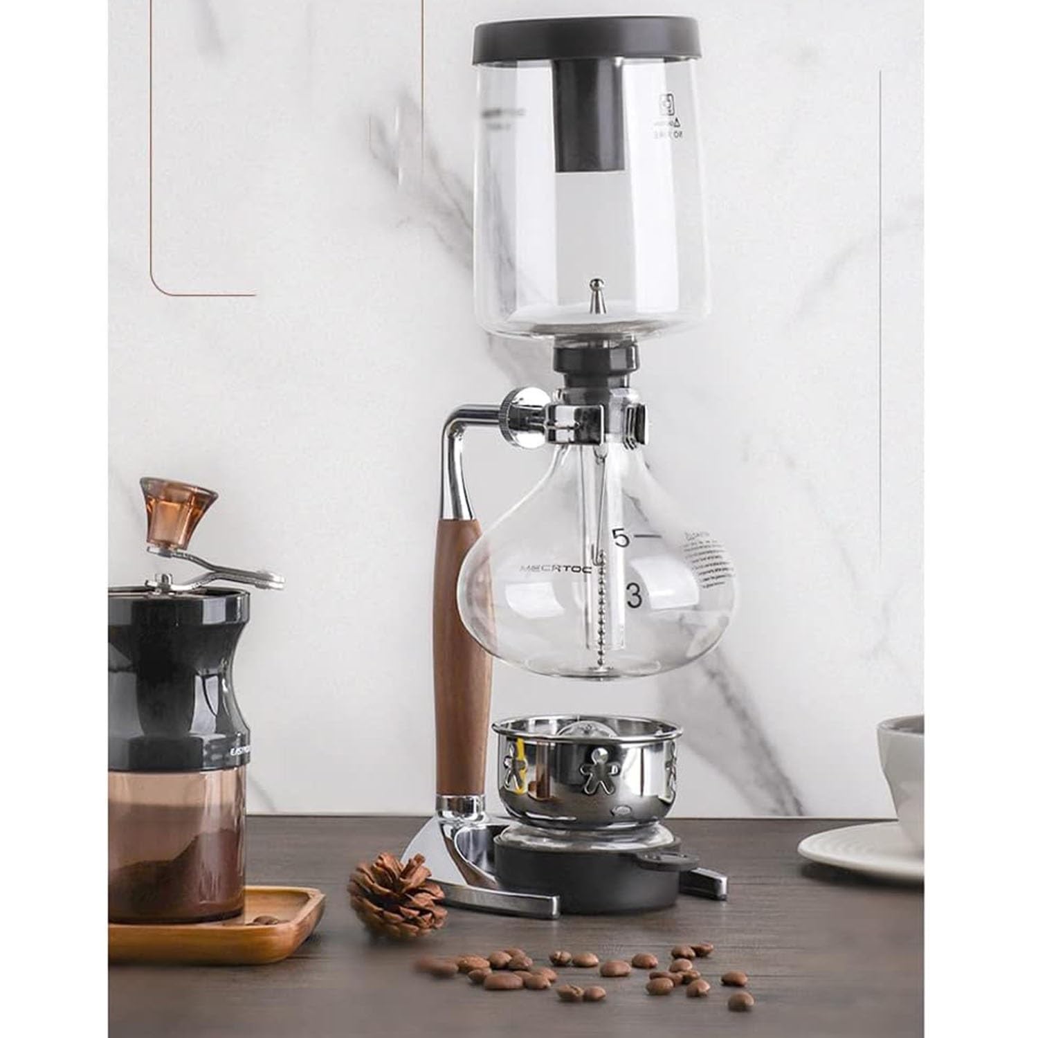 Caffettiera a sifone in vetro retrò da 3-5 tazze, manuale, sottovuoto, for fornello, in vetro borosilicato con manico in noce, for caffè e tè(600ml)