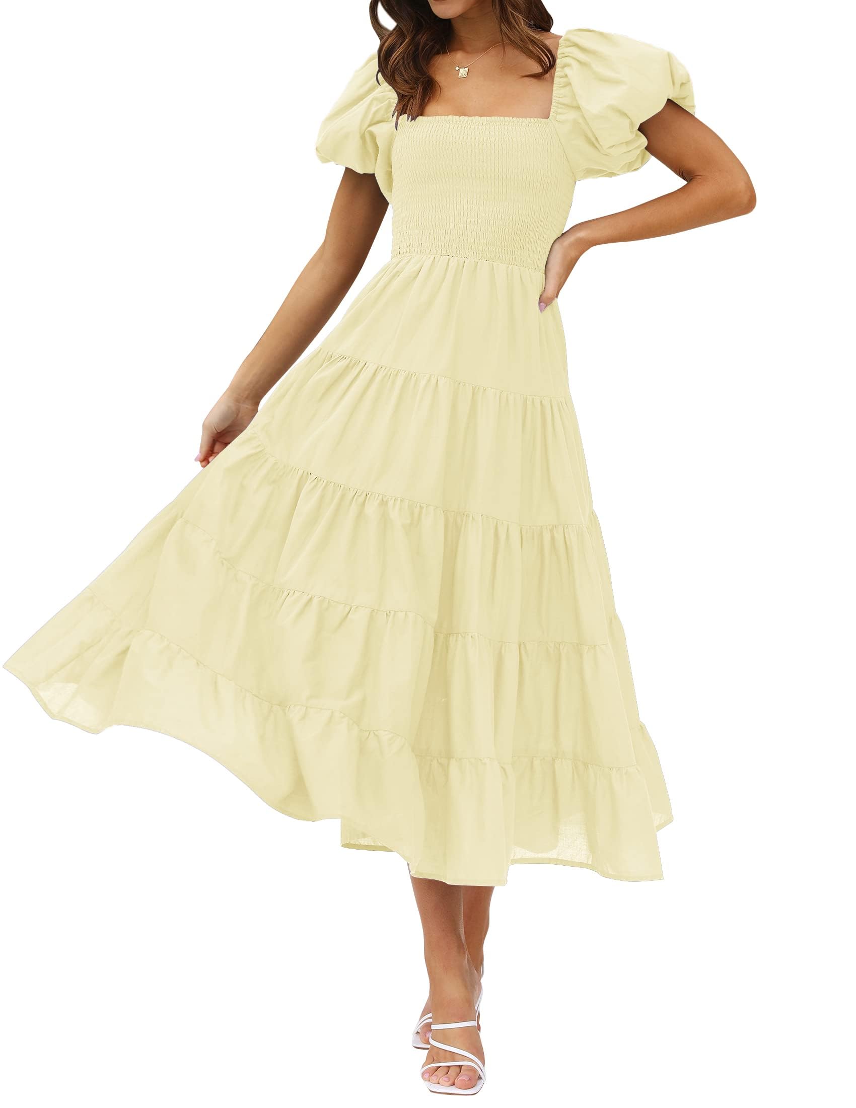 ZESICA Womens 2026 Summer Square Neck Short Puff Sleeve Solid Color High Waist Casual Smocked Flowy A Line