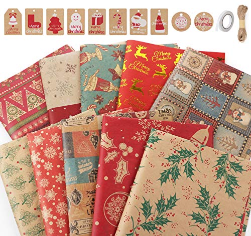 Papel de Navidad para Regalo, Kraft de Colores Vintage, con Etiquetas, Cuerda de Cáñamo y Cinta de Doble Cara, de Reno, Árbol de Navidad, Copo de Nieve (10 Piezas, 70X50CM) Cover