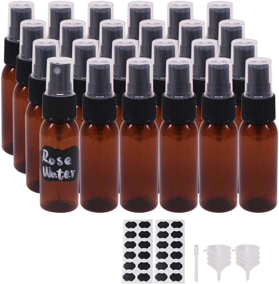 1 oz 24 Pack Amber Plastic Spray Bottles for Essential Oil, Perfume, Aromatherapy, Alcohol, Travel Bottles With Fine Mist Sprayer, Funnel, Chalk Labels, Pen