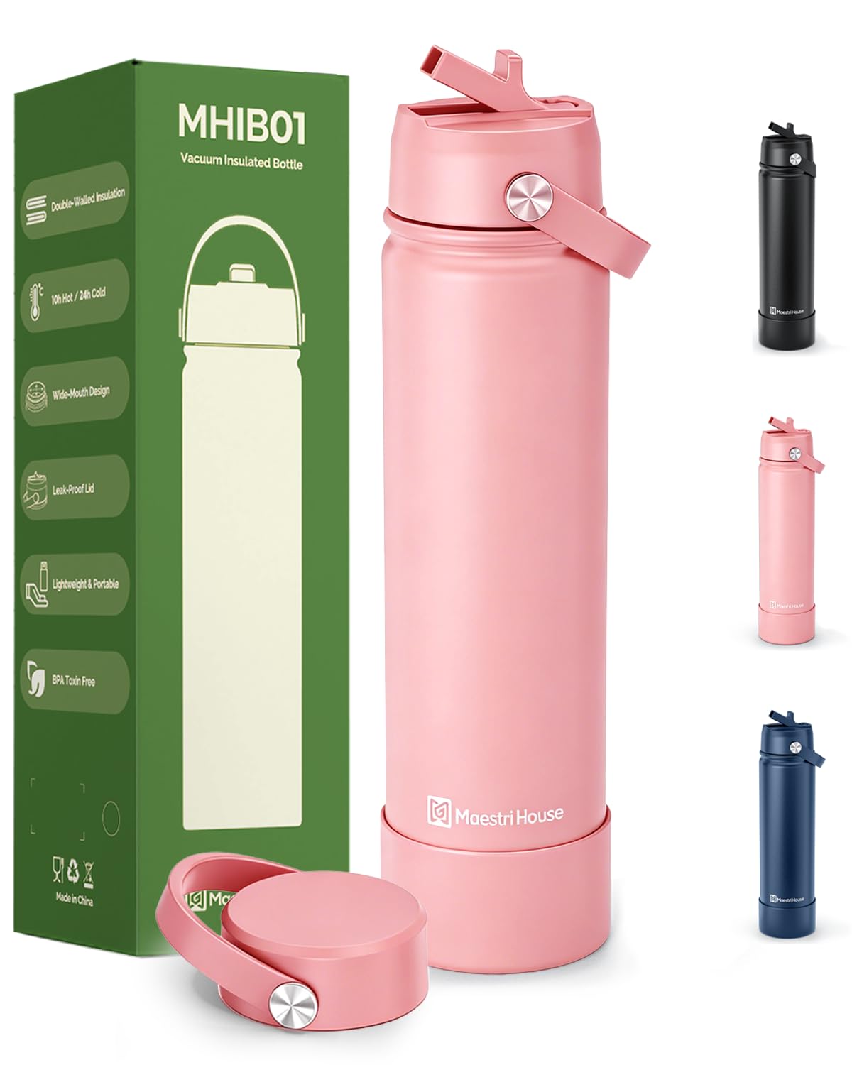 Maestri House 750ml Insulated Water Bottle, Leakproof Bottle with 2 Lids (Straw & Spout), Keep 10H Hot 24H Cold, BPA-Free, Stainless Steel Bottle for Gym Travel Cycling (Pink)