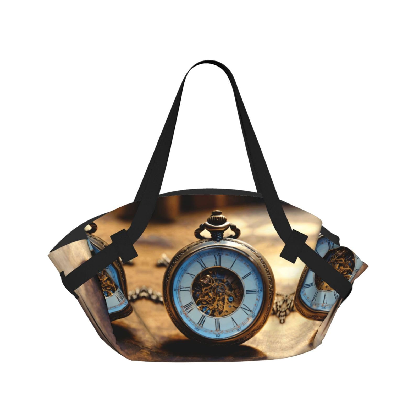 KAPPTYY Gears Clock Bronze Century Printed Outdoor Picnic Mat and Handbag, Portable Round 37in Foldable for Park Lawn Family Day