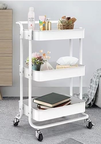 3-Tier Rolling Cart Metal Storage Trolley On Wheels Space Saving Cart(white)