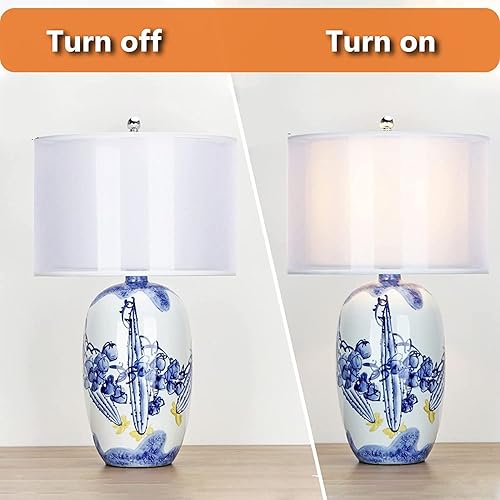 Miniatura 4 de Lámpara de Mesa - Lámpara de mesa con pintura de tinta azul, cuerpo de lámpara de cerámica blanca vintage con pantalla de tela, líneas pintadas a